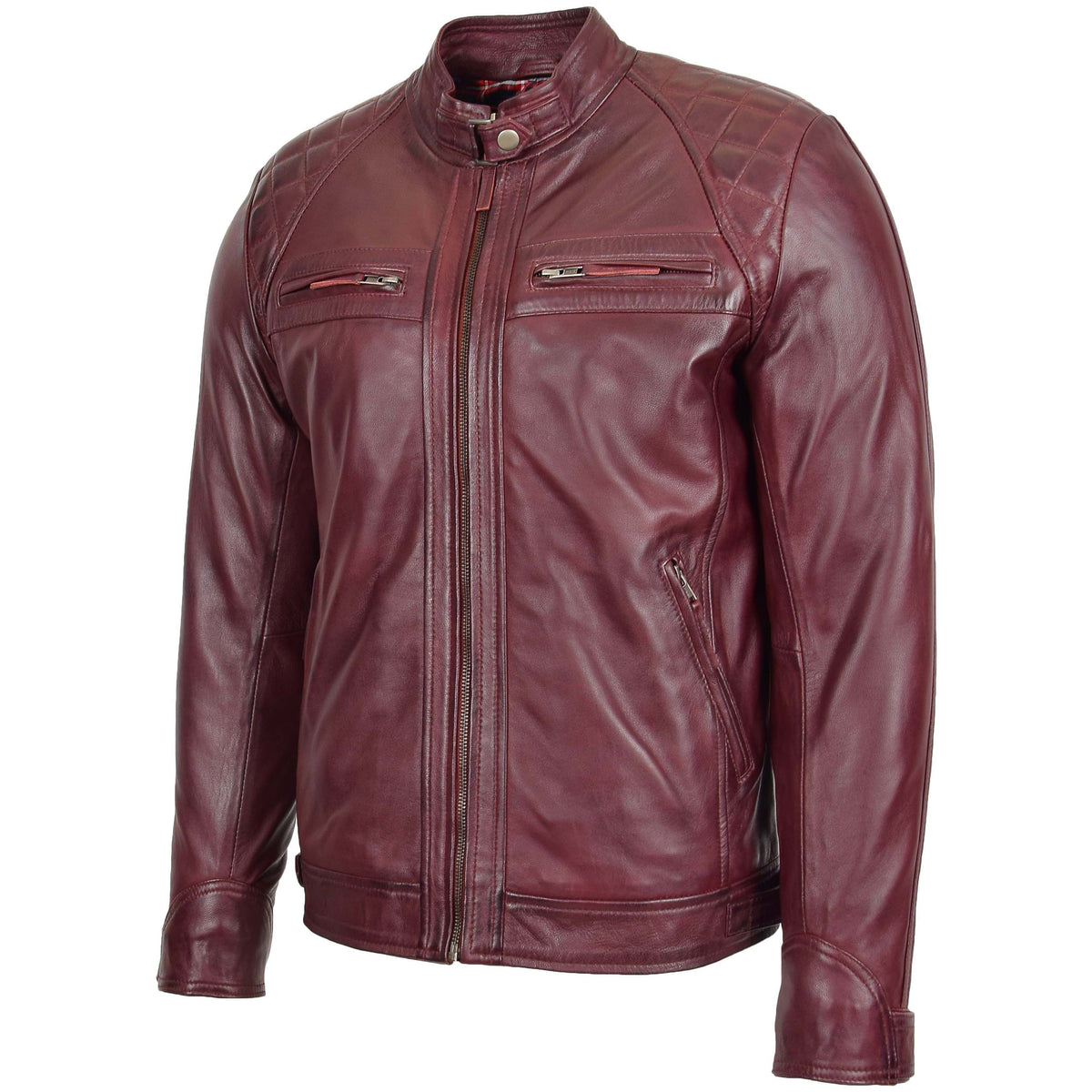 Mens Biker Leather Jacket Standing Collar Bowie Burgundy - genuine leather jacket in burgundy with four outer pockets