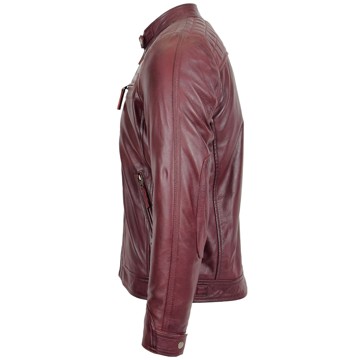 Mens Biker Leather Jacket Standing Collar Bowie Burgundy - genuine leather jacket in burgundy with biker