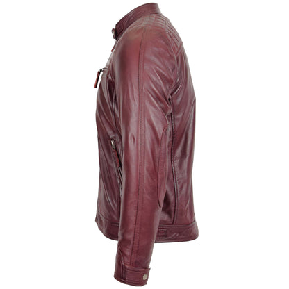 Mens Biker Leather Jacket Standing Collar Bowie Burgundy - genuine leather jacket in burgundy with biker