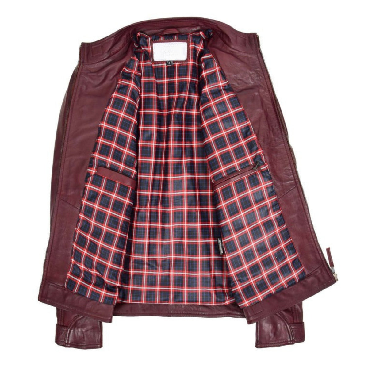 Mens Biker Leather Jacket Standing Collar Bowie Burgundy - genuine leather jacket in burgundy with four outer pockets
