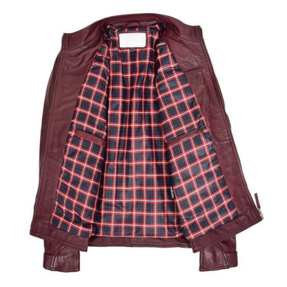 Mens Biker Leather Jacket Standing Collar Bowie Burgundy - genuine leather jacket in burgundy with four outer pockets