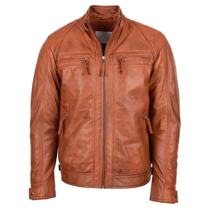 Mens Biker Leather Jacket Standing Collar Bowie Cognac Tan - genuine leather jacket in cognac tan with four outer pockets
