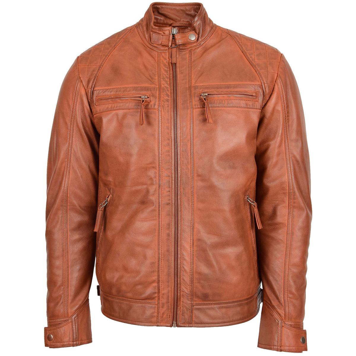 Mens Biker Leather Jacket Standing Collar Bowie Cognac Tan - genuine leather jacket in cognac tan with biker