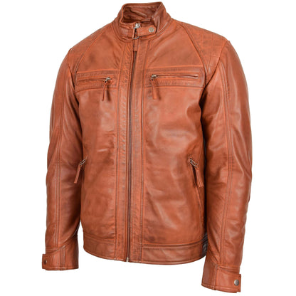 Mens Biker Leather Jacket Standing Collar Bowie Cognac Tan - genuine leather jacket in cognac tan with four outer pockets