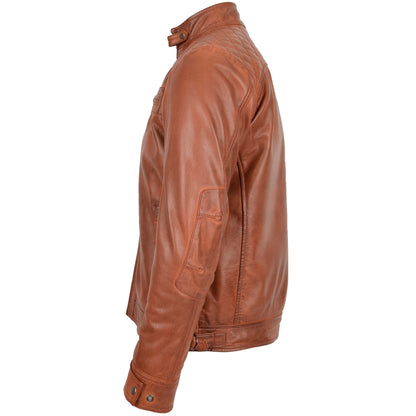 Mens Biker Leather Jacket Standing Collar Bowie Cognac Tan - genuine leather jacket in cognac tan with biker