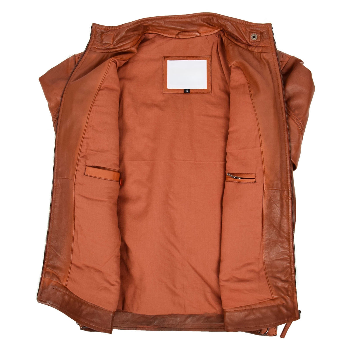 Mens Biker Leather Jacket Standing Collar Bowie Cognac Tan - genuine leather jacket in cognac tan with four outer pockets