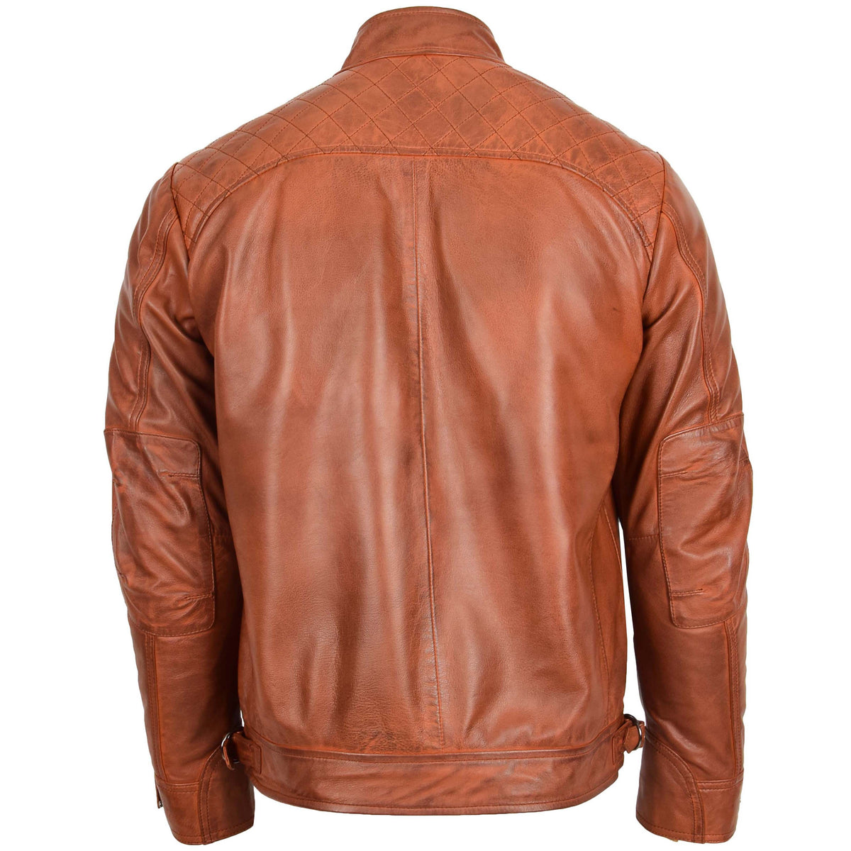 Mens Biker Leather Jacket Standing Collar Bowie Cognac Tan - genuine leather jacket in cognac tan with biker