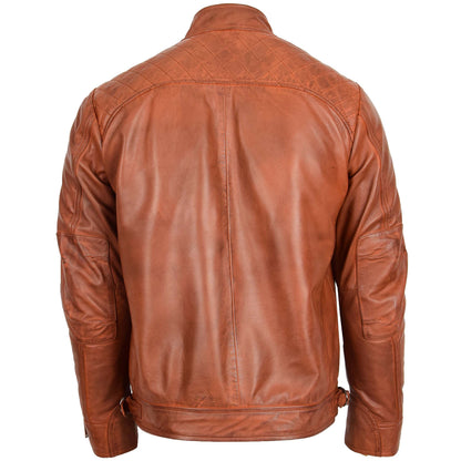 Mens Biker Leather Jacket Standing Collar Bowie Cognac Tan - genuine leather jacket in cognac tan with biker