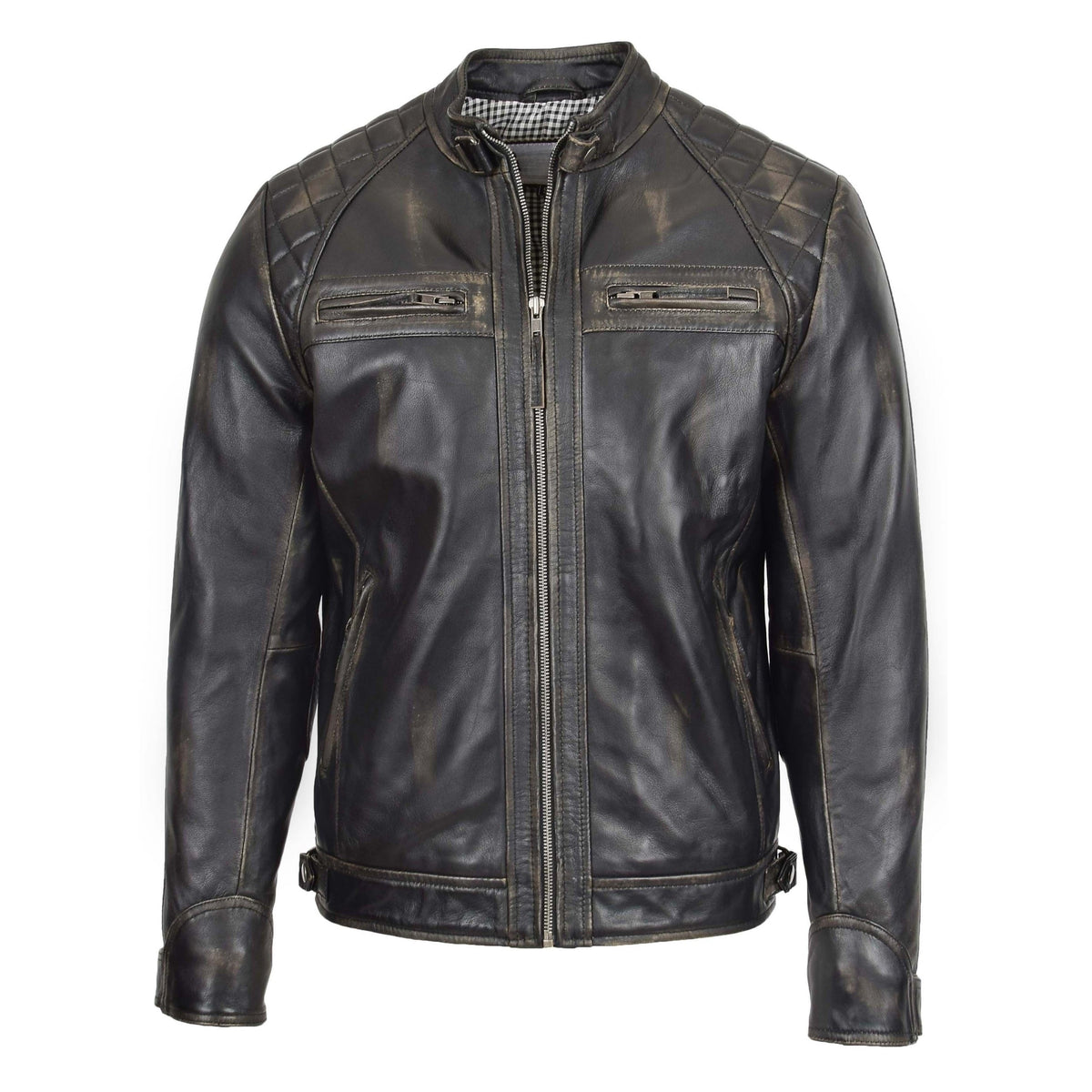 Mens Biker Leather Jacket Standing Collar Bowie Black Rub Off - genuine leather jacket in black rub off with four outer pockets