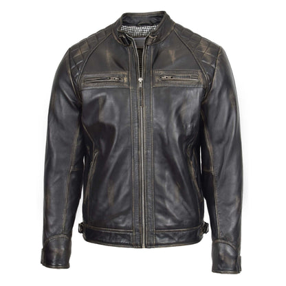 Mens Biker Leather Jacket Standing Collar Bowie Black Rub Off - genuine leather jacket in black rub off with four outer pockets