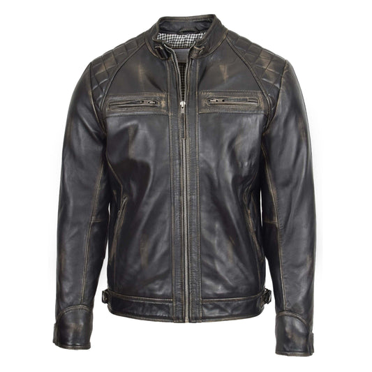 Mens Biker Leather Jacket Standing Collar Bowie Black Rub Off - genuine leather jacket in black rub off with four outer pockets