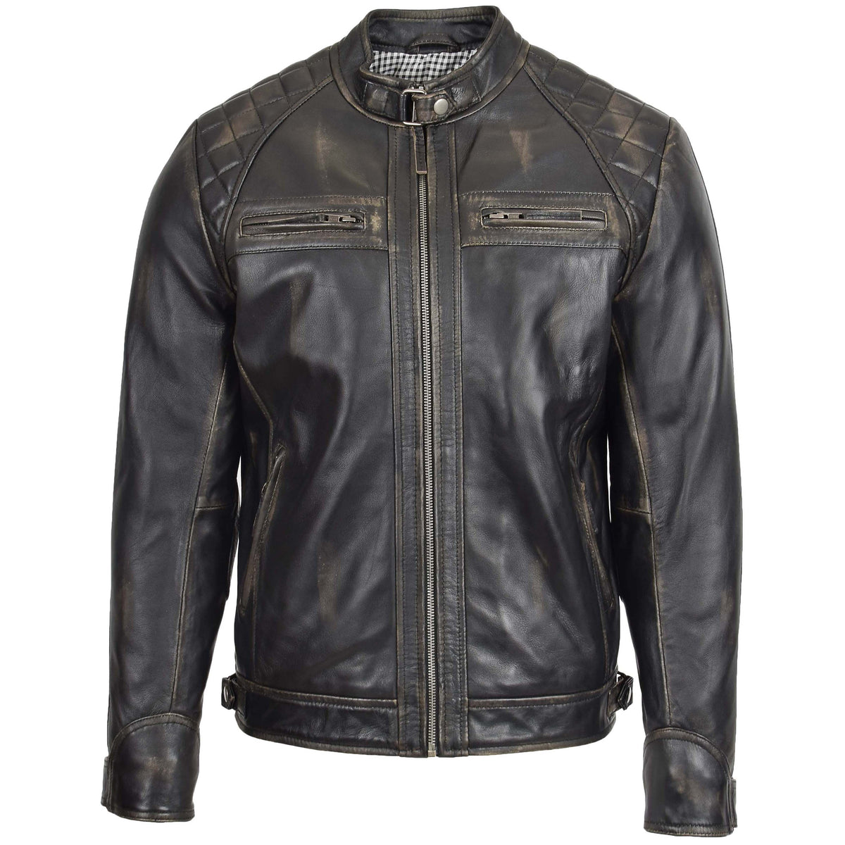 Mens Biker Leather Jacket Standing Collar Bowie Black Rub Off - genuine leather jacket in black rub off with biker