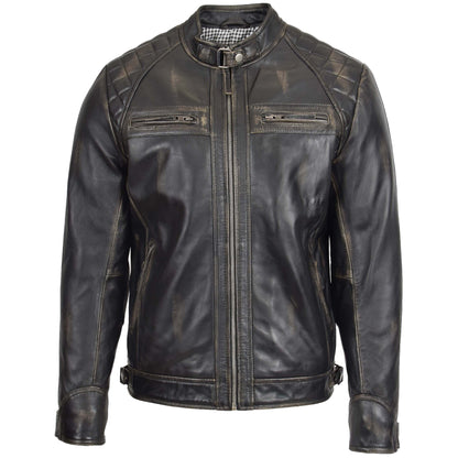 Mens Biker Leather Jacket Standing Collar Bowie Black Rub Off - genuine leather jacket in black rub off with biker