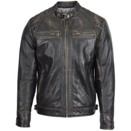 Mens Biker Leather Jacket Standing Collar Bowie Black Rub Off - genuine leather jacket in black rub off with biker