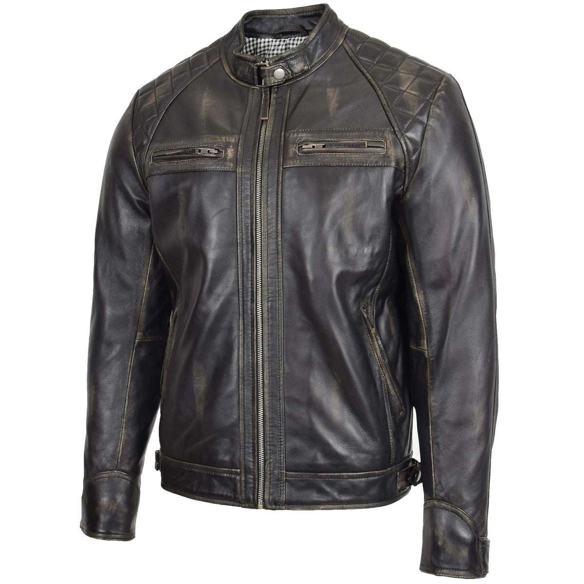 Mens Biker Leather Jacket Standing Collar Bowie Black Rub Off - genuine leather jacket in black rub off with four outer pockets
