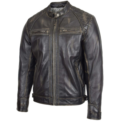 Mens Biker Leather Jacket Standing Collar Bowie Black Rub Off - genuine leather jacket in black rub off with four outer pockets