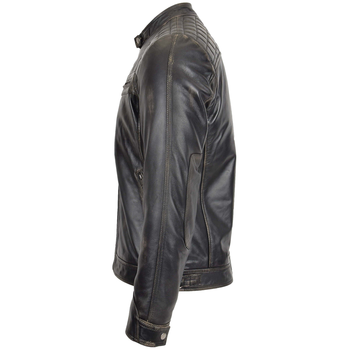 Mens Biker Leather Jacket Standing Collar Bowie Black Rub Off - genuine leather jacket in black rub off with biker