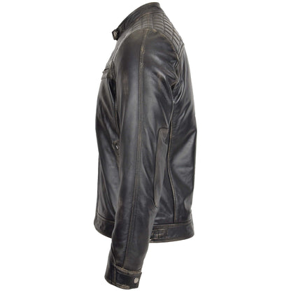 Mens Biker Leather Jacket Standing Collar Bowie Black Rub Off - genuine leather jacket in black rub off with biker