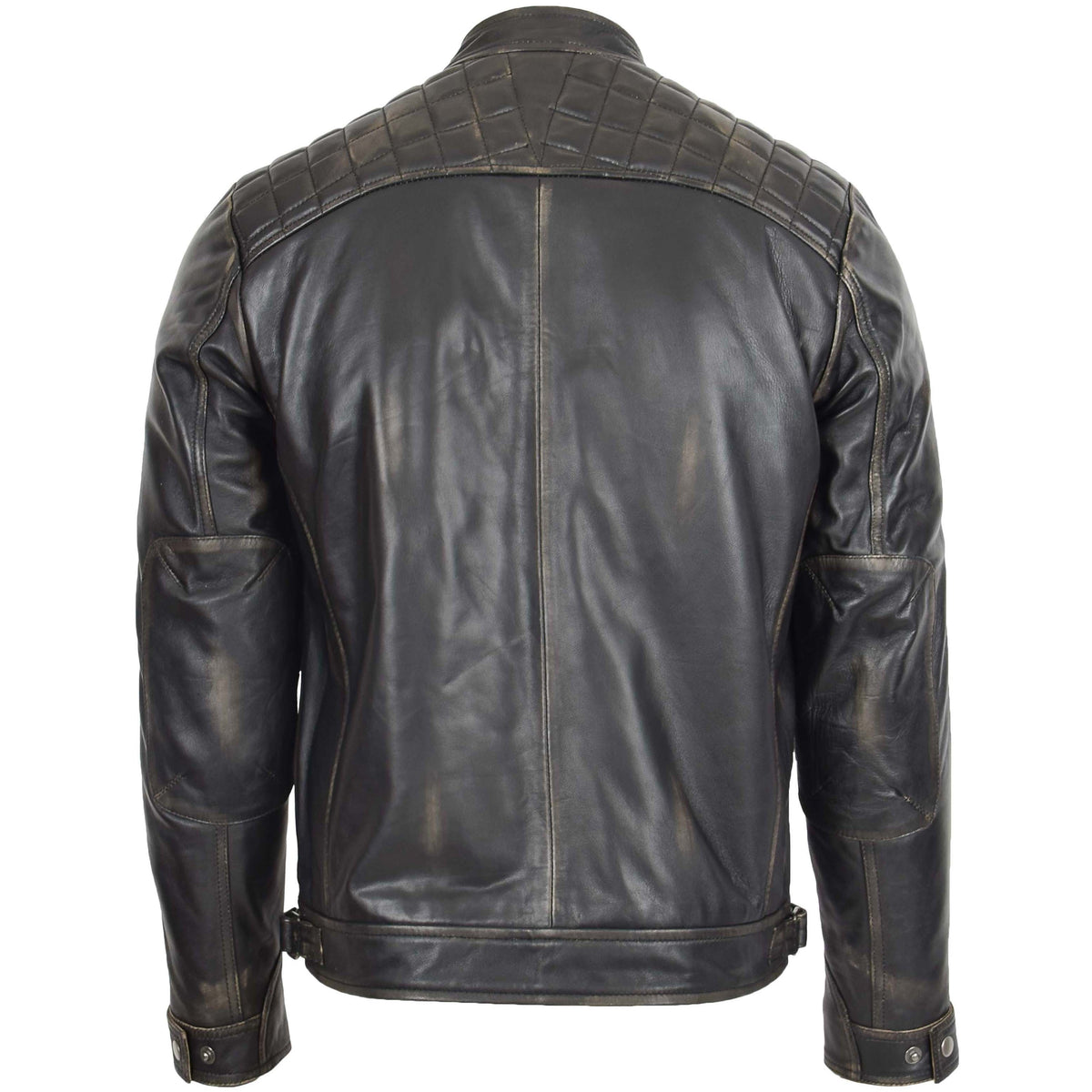 Mens Biker Leather Jacket Standing Collar Bowie Black Rub Off - genuine leather jacket in black rub off with biker
