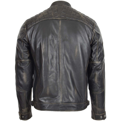Mens Biker Leather Jacket Standing Collar Bowie Black Rub Off - genuine leather jacket in black rub off with biker