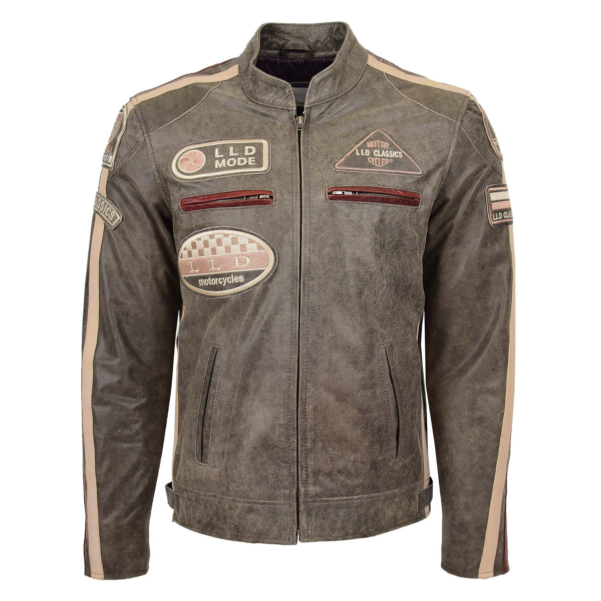 Mens Biker Leather Jacket with Badges Kurt Brown - genuine leather jacket in brown with four outer pockets