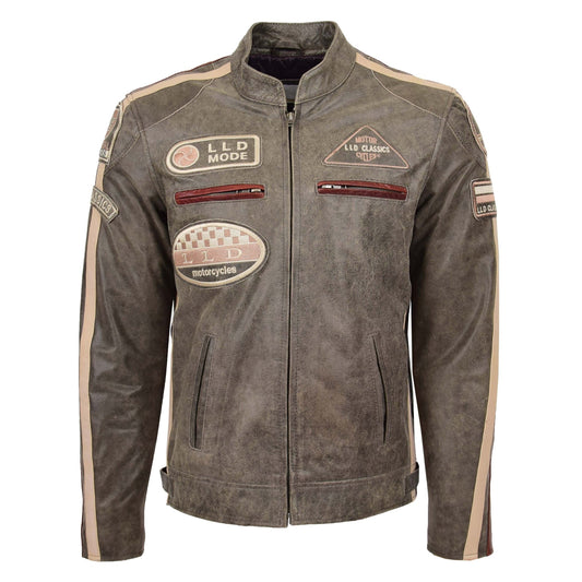 Mens Biker Leather Jacket with Badges Kurt Brown - genuine leather jacket in brown with four outer pockets
