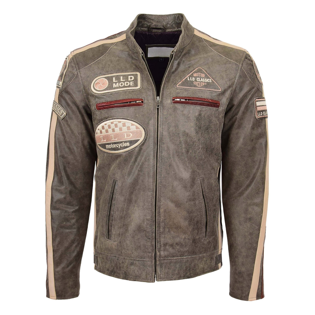 Mens Biker Leather Jacket with Badges Kurt Brown - genuine leather jacket in brown with badges