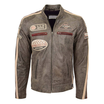 Mens Biker Leather Jacket with Badges Kurt Brown - genuine leather jacket in brown with badges