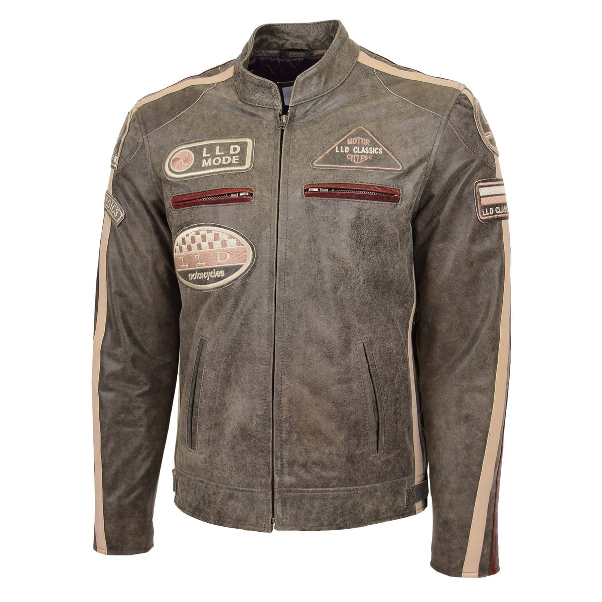 Mens Biker Leather Jacket with Badges Kurt Brown - genuine leather jacket in brown with biker