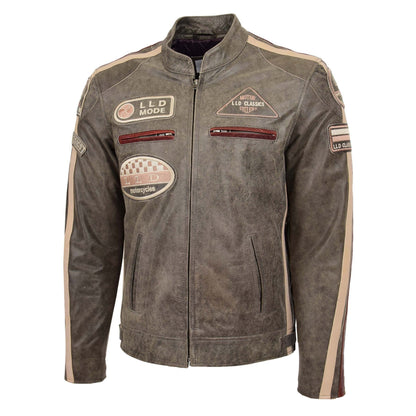 Mens Biker Leather Jacket with Badges Kurt Brown - genuine leather jacket in brown with biker