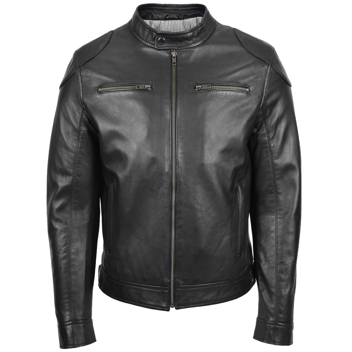 Mens Biker Soft Casual Leather Jacket Milton Black - genuine leather jacket in black with four outer pockets