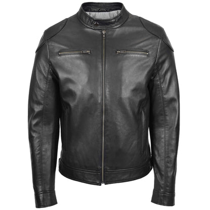 Mens Biker Soft Casual Leather Jacket Milton Black - genuine leather jacket in black with four outer pockets