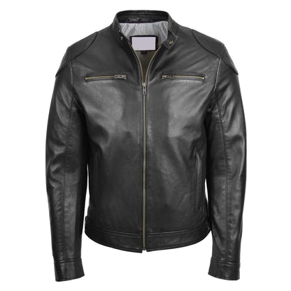 Mens Biker Soft Casual Leather Jacket Milton Black - genuine leather jacket in black with biker