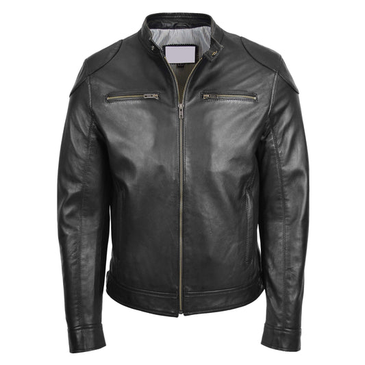 Mens Biker Soft Casual Leather Jacket Milton Black - genuine leather jacket in black with biker