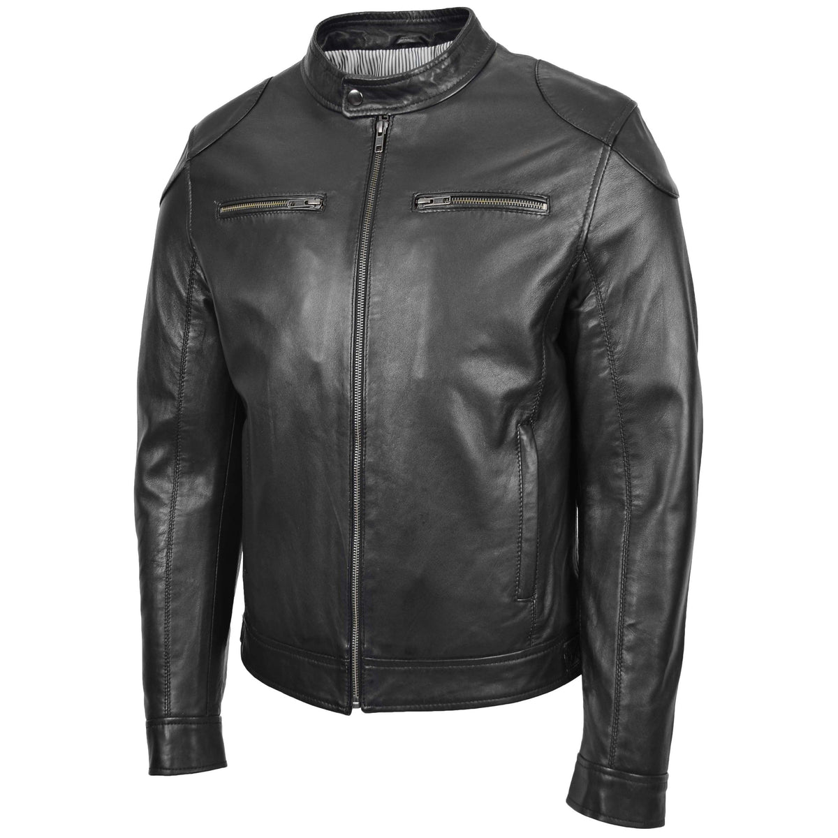 Mens Biker Soft Casual Leather Jacket Milton Black - genuine leather jacket in black with four outer pockets