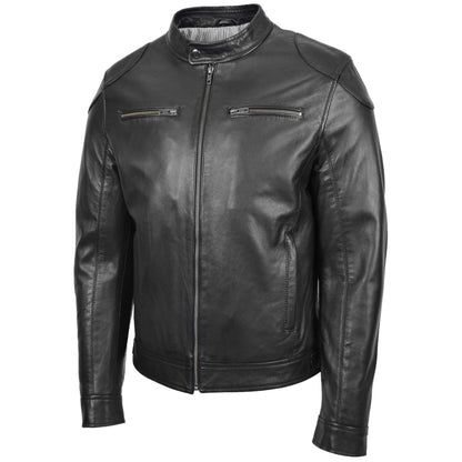 Mens Biker Soft Casual Leather Jacket Milton Black - genuine leather jacket in black with four outer pockets