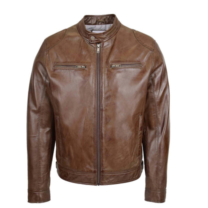 Mens Biker Soft Casual Leather Jacket Milton Brown - genuine leather jacket in brown with four outer pockets
