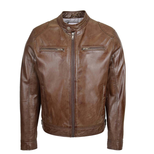 Mens Biker Soft Casual Leather Jacket Milton Brown - genuine leather jacket in brown with four outer pockets