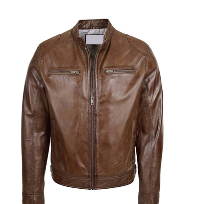 Mens Biker Soft Casual Leather Jacket Milton Brown - genuine leather jacket in brown with biker
