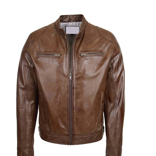 Mens Biker Soft Casual Leather Jacket Milton Brown - genuine leather jacket in brown with biker