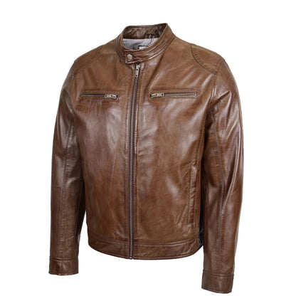 Mens Biker Soft Casual Leather Jacket Milton Brown - genuine leather jacket in brown with four outer pockets