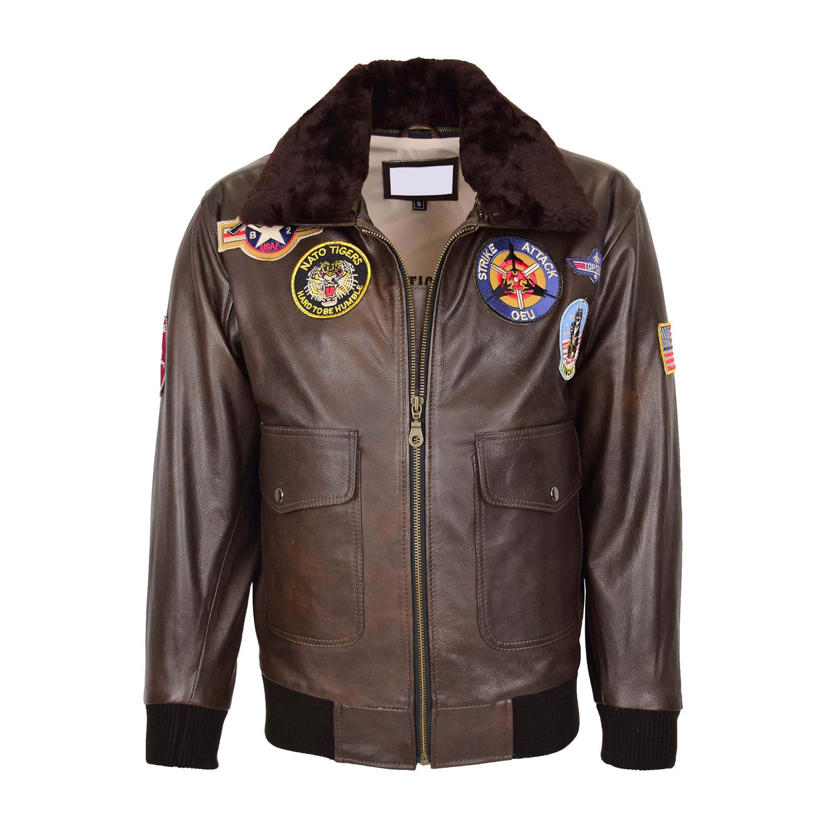 Mens Bomber Leather Jacket Air Force Style Lester Brown - genuine leather jacket in brown with four outer pockets