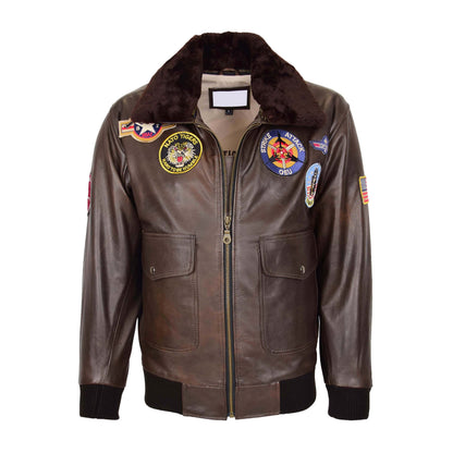 Mens Bomber Leather Jacket Air Force Style Lester Brown - genuine leather jacket in brown with four outer pockets
