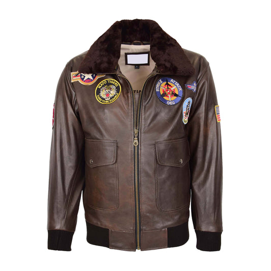 Mens Bomber Leather Jacket Air Force Style Lester Brown - genuine leather jacket in brown with four outer pockets