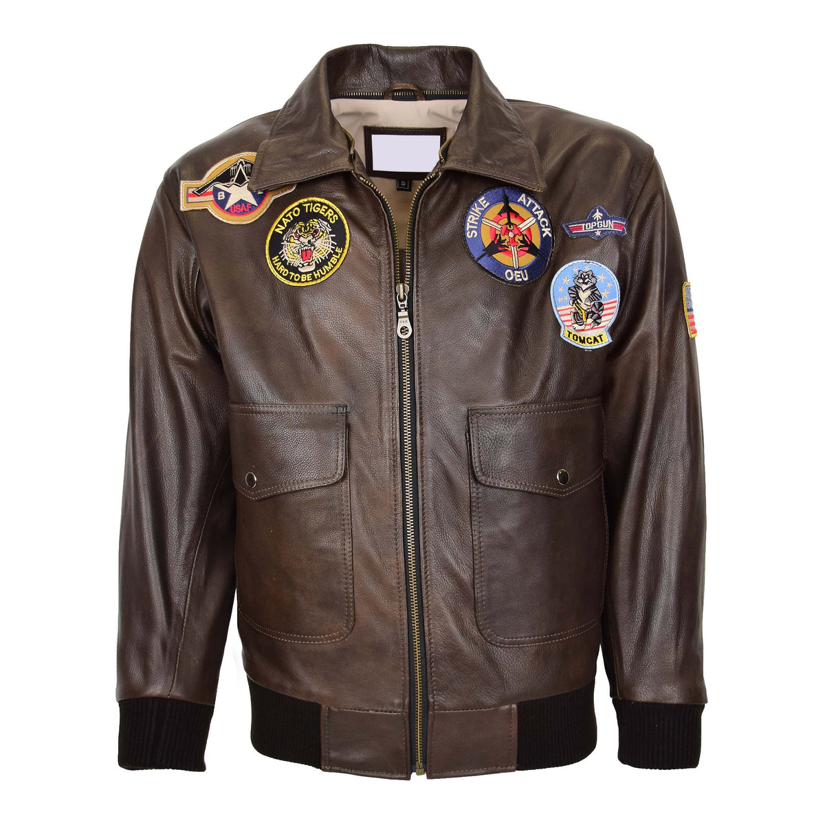 Mens Bomber Leather Jacket Air Force Style Lester Brown - genuine leather jacket in brown with bomber