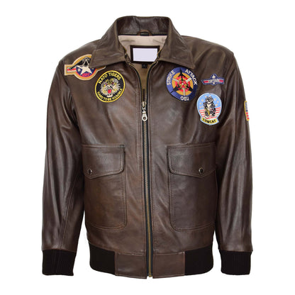 Mens Bomber Leather Jacket Air Force Style Lester Brown - genuine leather jacket in brown with bomber