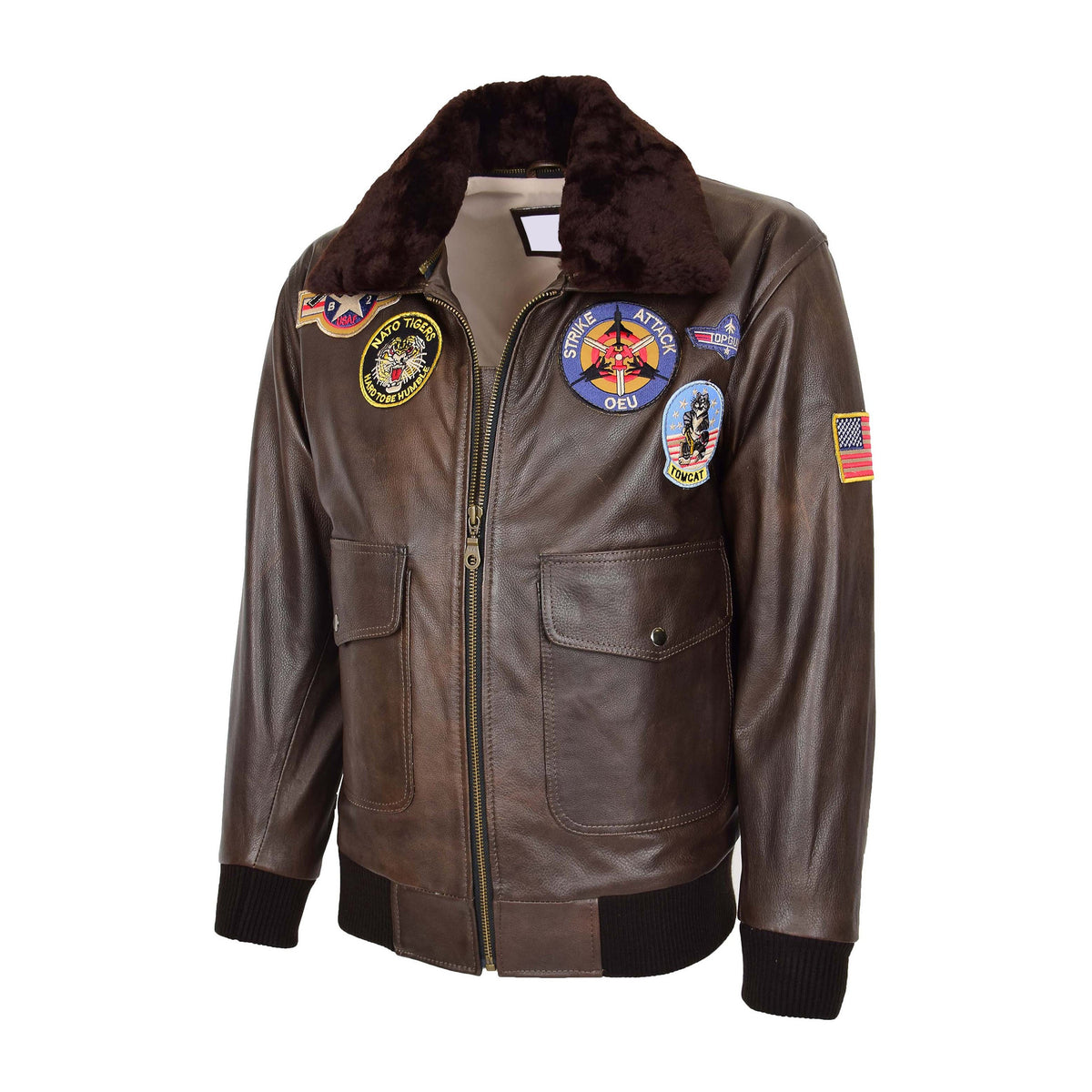 Mens Bomber Leather Jacket Air Force Style Lester Brown - genuine leather jacket in brown with four outer pockets