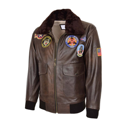 Mens Bomber Leather Jacket Air Force Style Lester Brown - genuine leather jacket in brown with four outer pockets