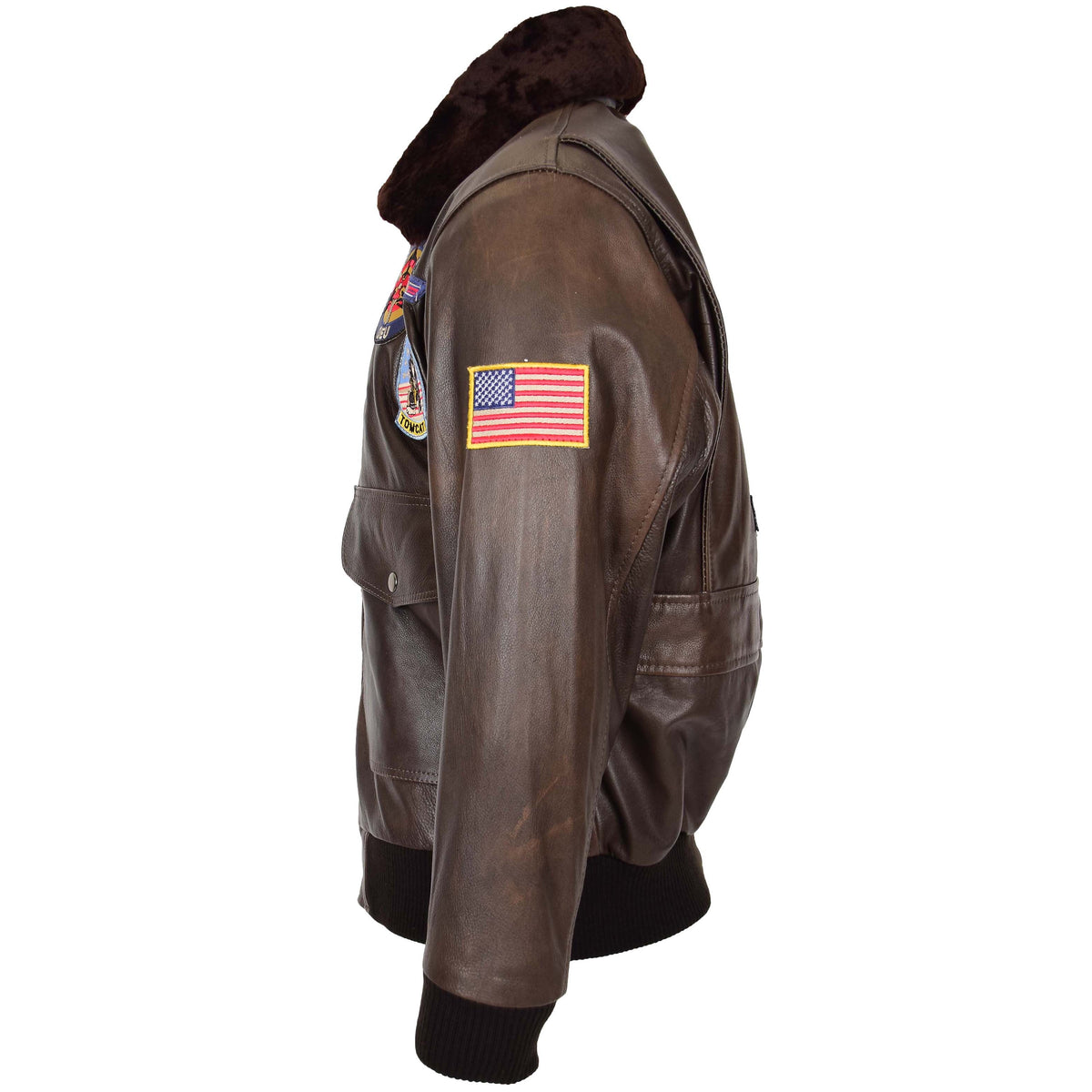 Mens Bomber Leather Jacket Air Force Style Lester Brown - genuine leather jacket in brown with bomber