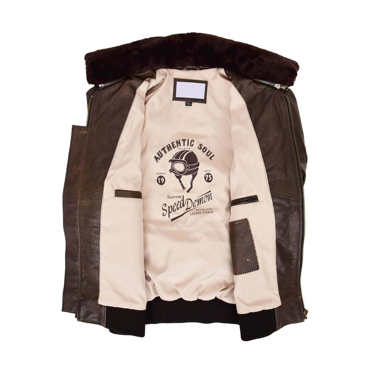Mens Bomber Leather Jacket Air Force Style Lester Brown - genuine leather jacket in brown with four outer pockets